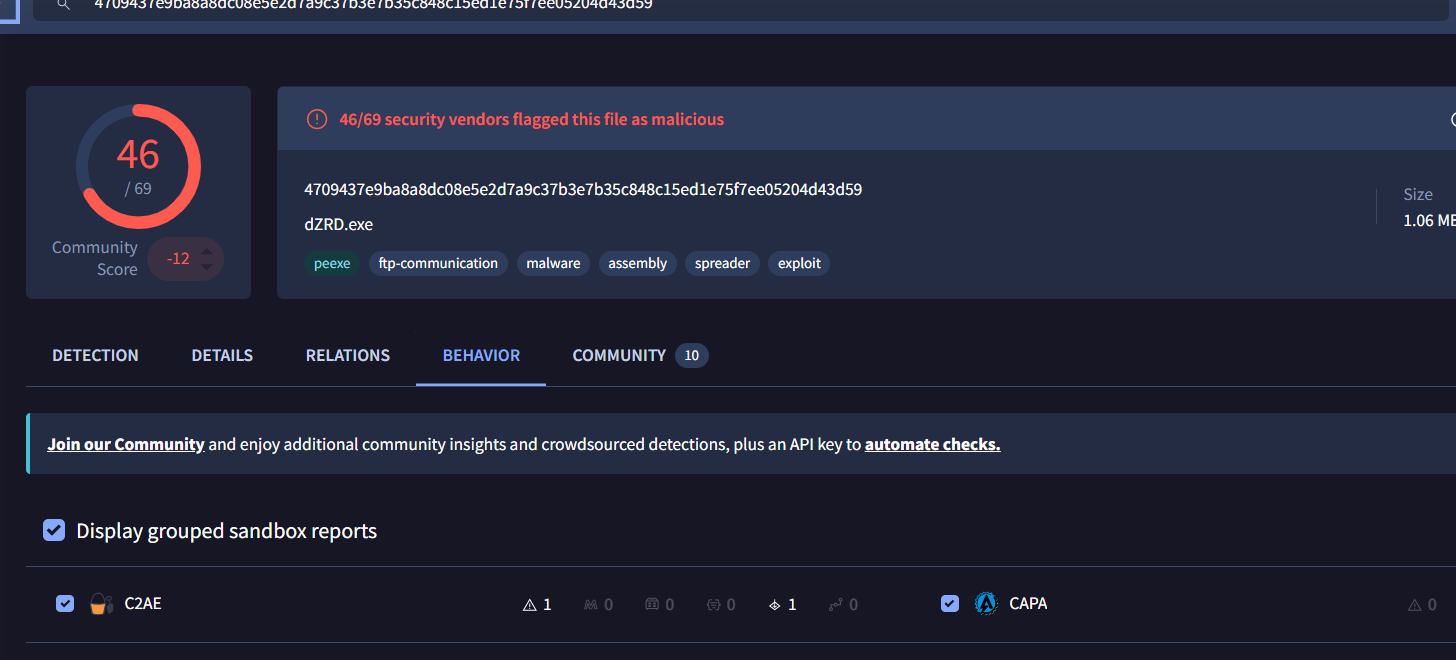 VirusTotal detection ratio and community family labels