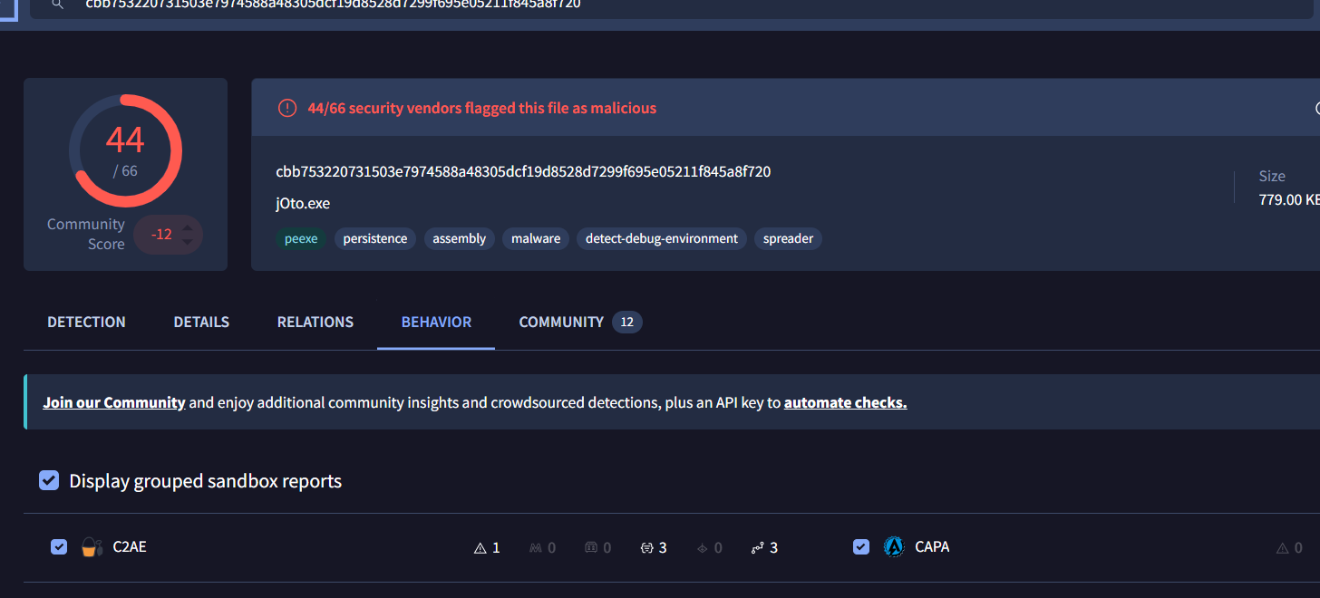 VirusTotal detection ratio and multi-sandbox verdicts
