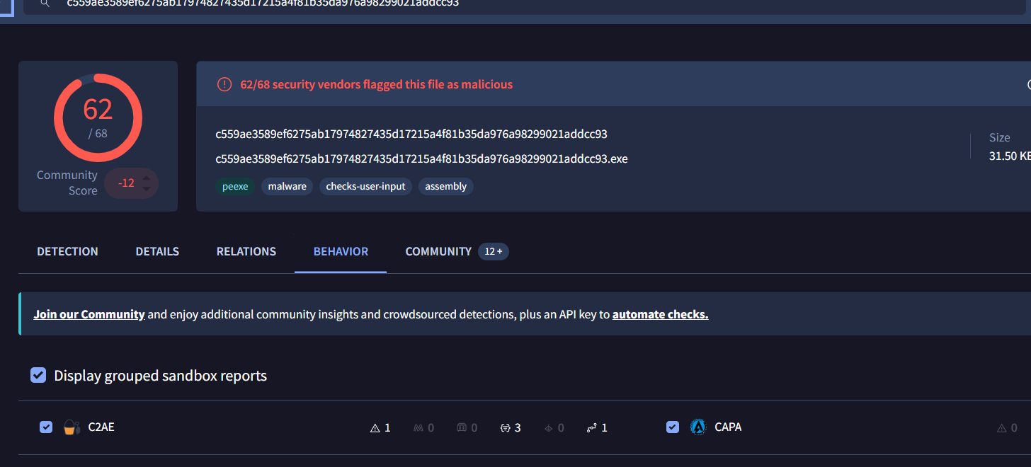 VirusTotal detection ratio and multi-sandbox verdicts