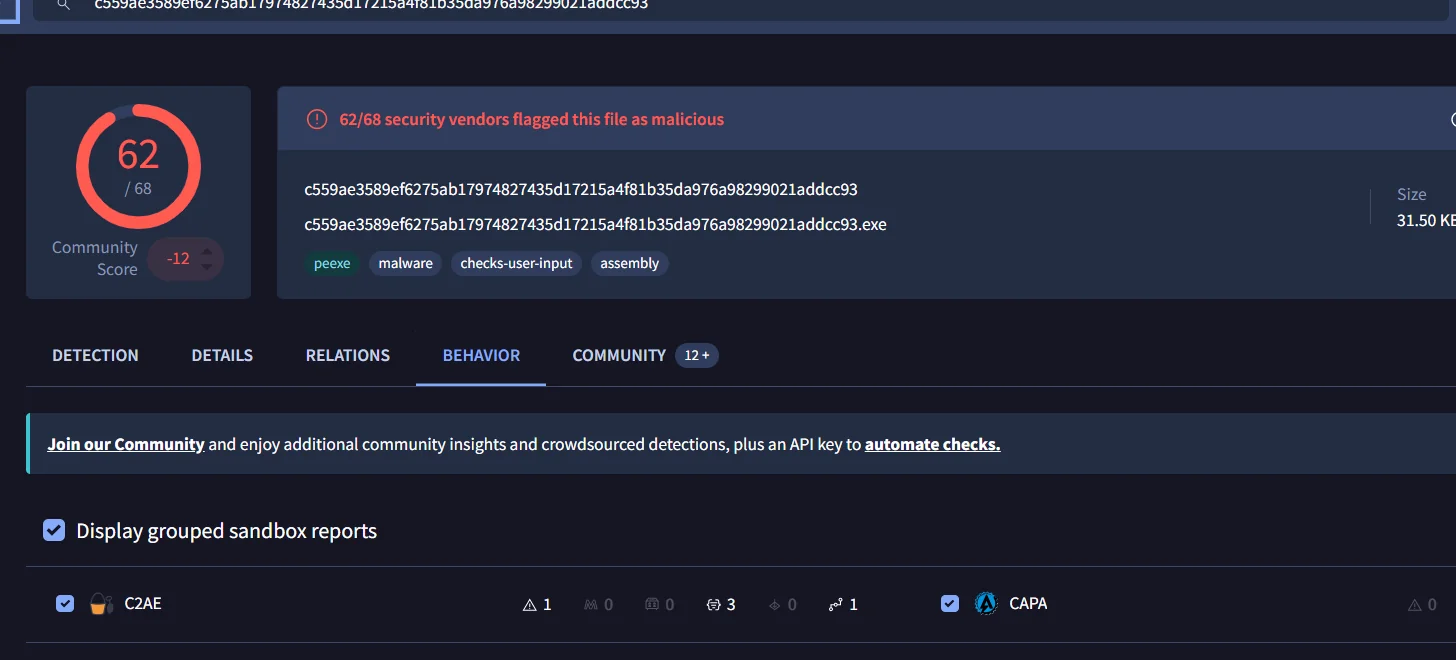 Taux de détection VirusTotal et verdicts multi-sandbox