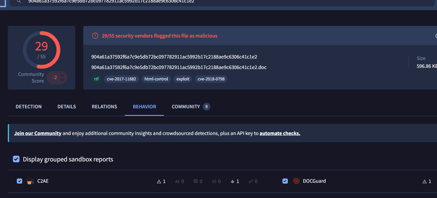 VirusTotal detection and confirmed exploit CVEs