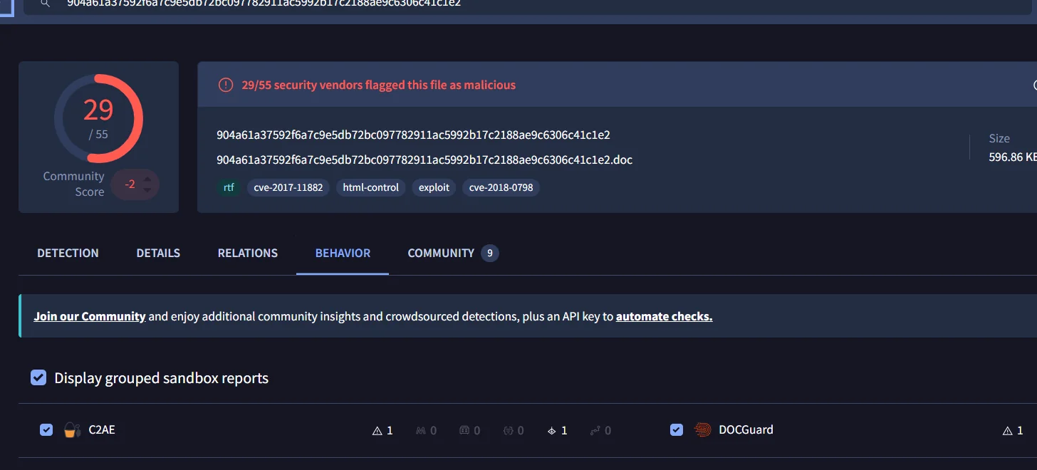 Détection VirusTotal et CVE d'exploitation confirmées