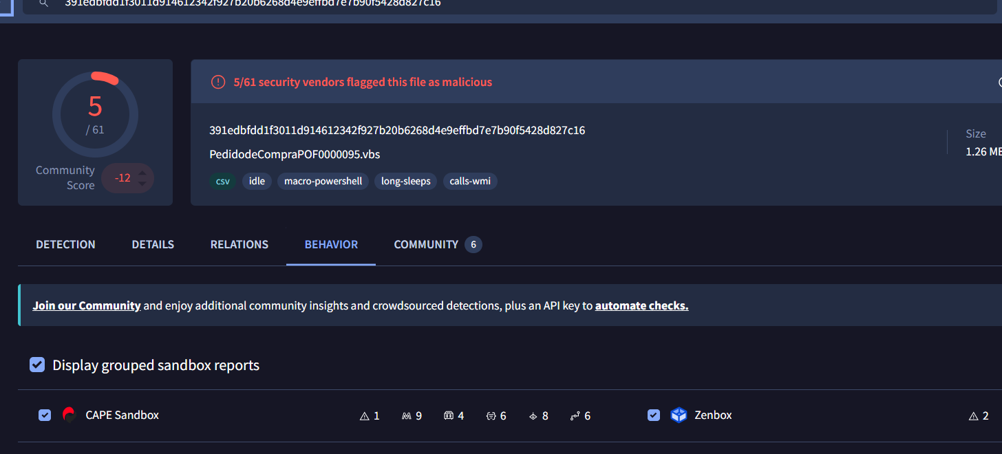 VirusTotal detection ratio — low static score