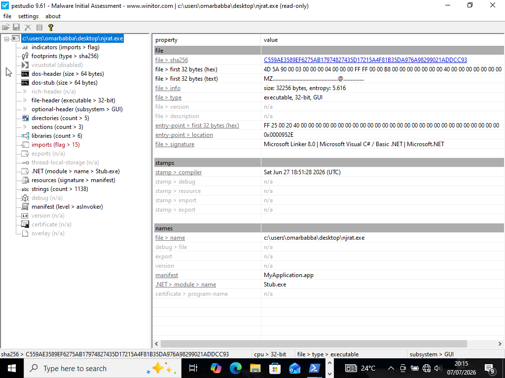 PE Studio static analysis