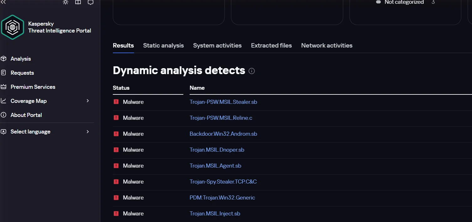 Tableau des détections de l'analyse dynamique OpenTIP