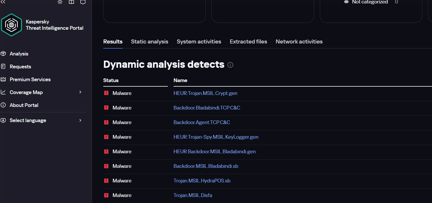 OpenTIP dynamic-analysis detects table with Bladabindi network rules
