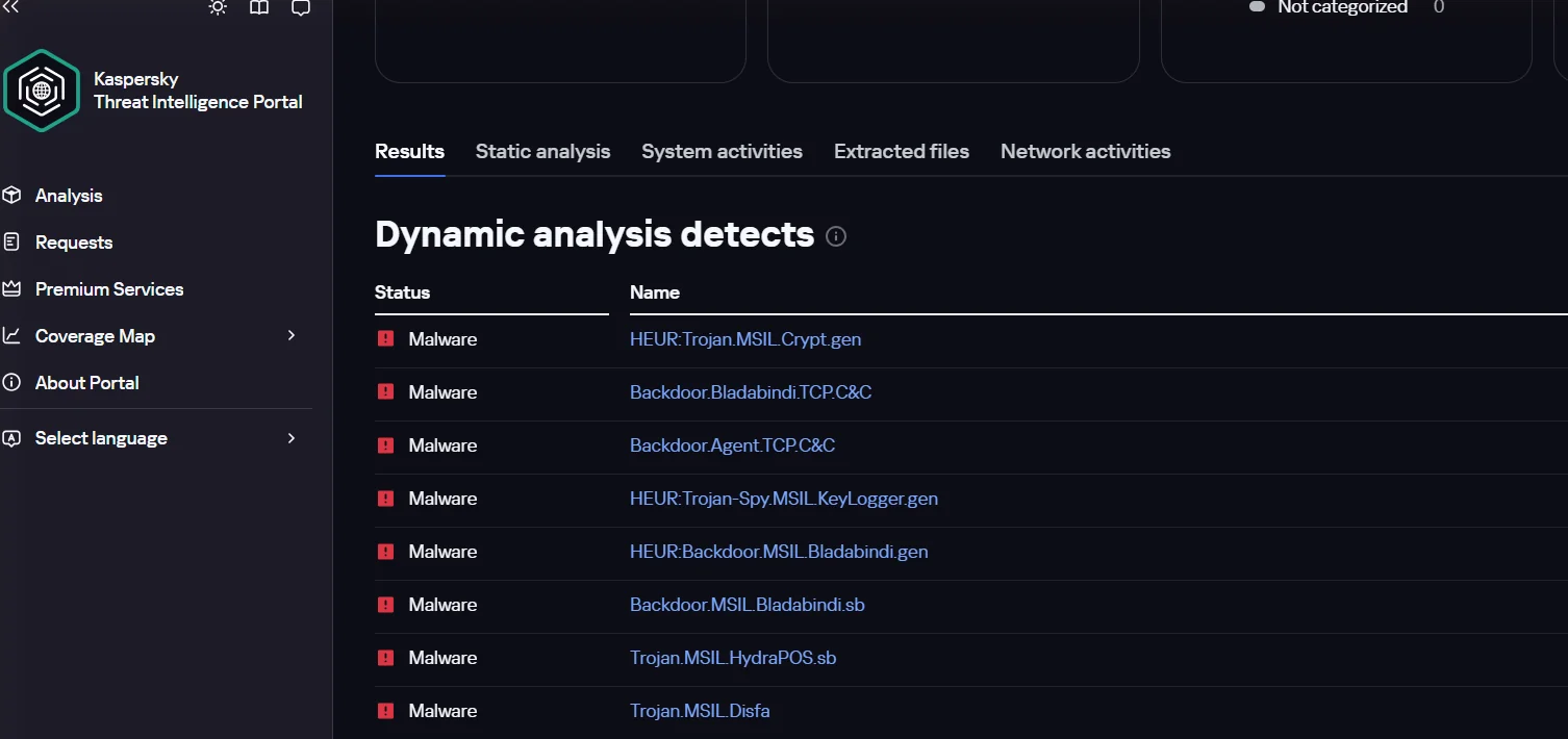 Tableau des détections de l'analyse dynamique OpenTIP avec les règles réseau Bladabindi