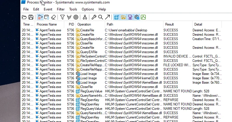 Capture Process Monitor d'une exécution menée par mes soins