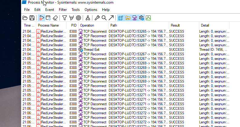 Self-run Process Monitor capture — live TCP reconnect loop to C2