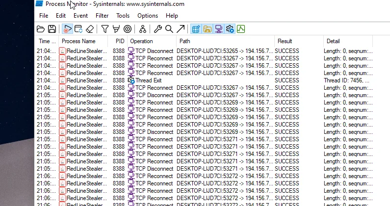 Capture Process Monitor d'une exécution menée par mes soins — boucle de reconnexion TCP en direct vers le C2