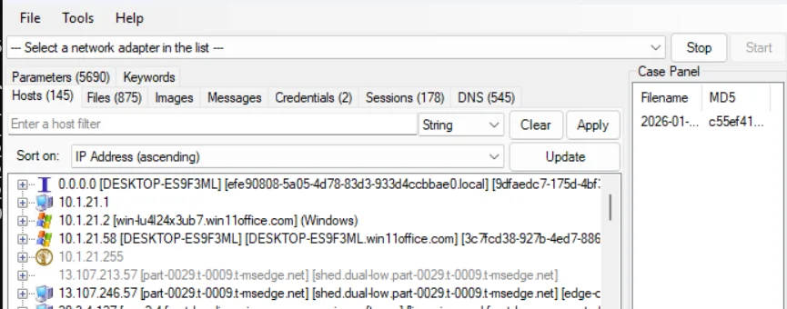 Onglet Hosts de NetworkMiner