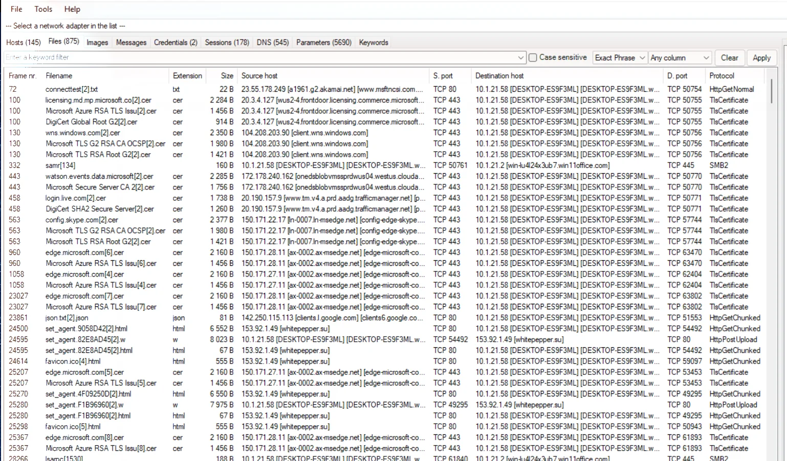 Onglet Files de NetworkMiner