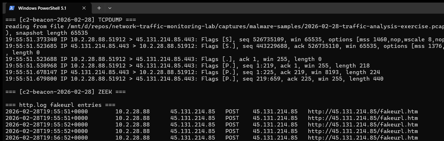 tcpdump and Zeek terminal run, case 3