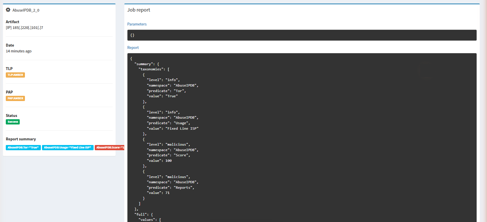 Cortex AbuseIPDB enrichment job result