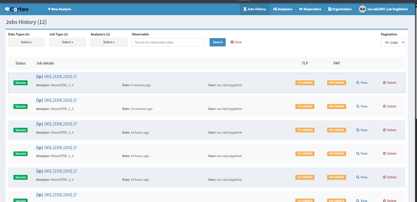 Cortex job history showing multiple enrichment runs