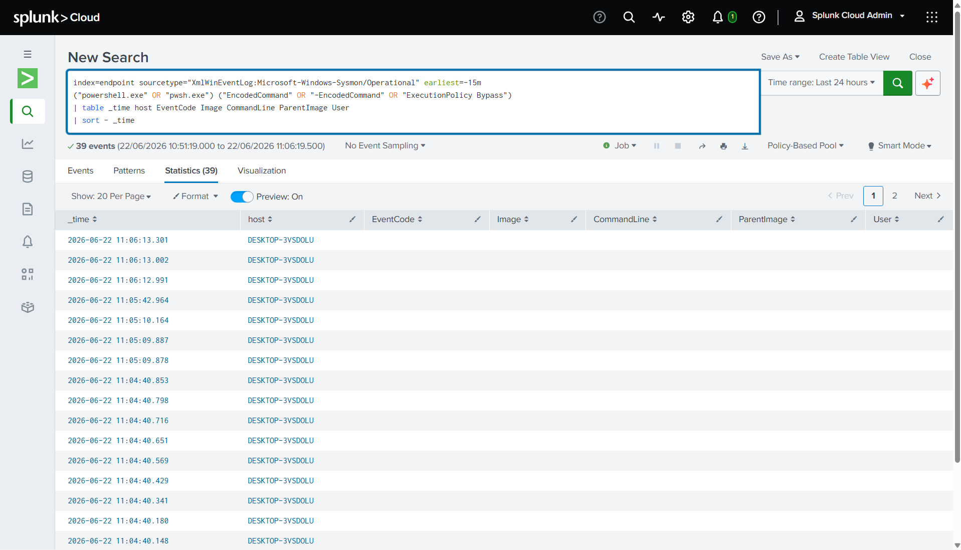 PowerShell detection returning matching Sysmon events