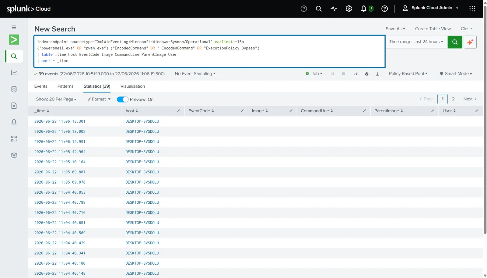 Détection PowerShell renvoyant les événements Sysmon correspondants