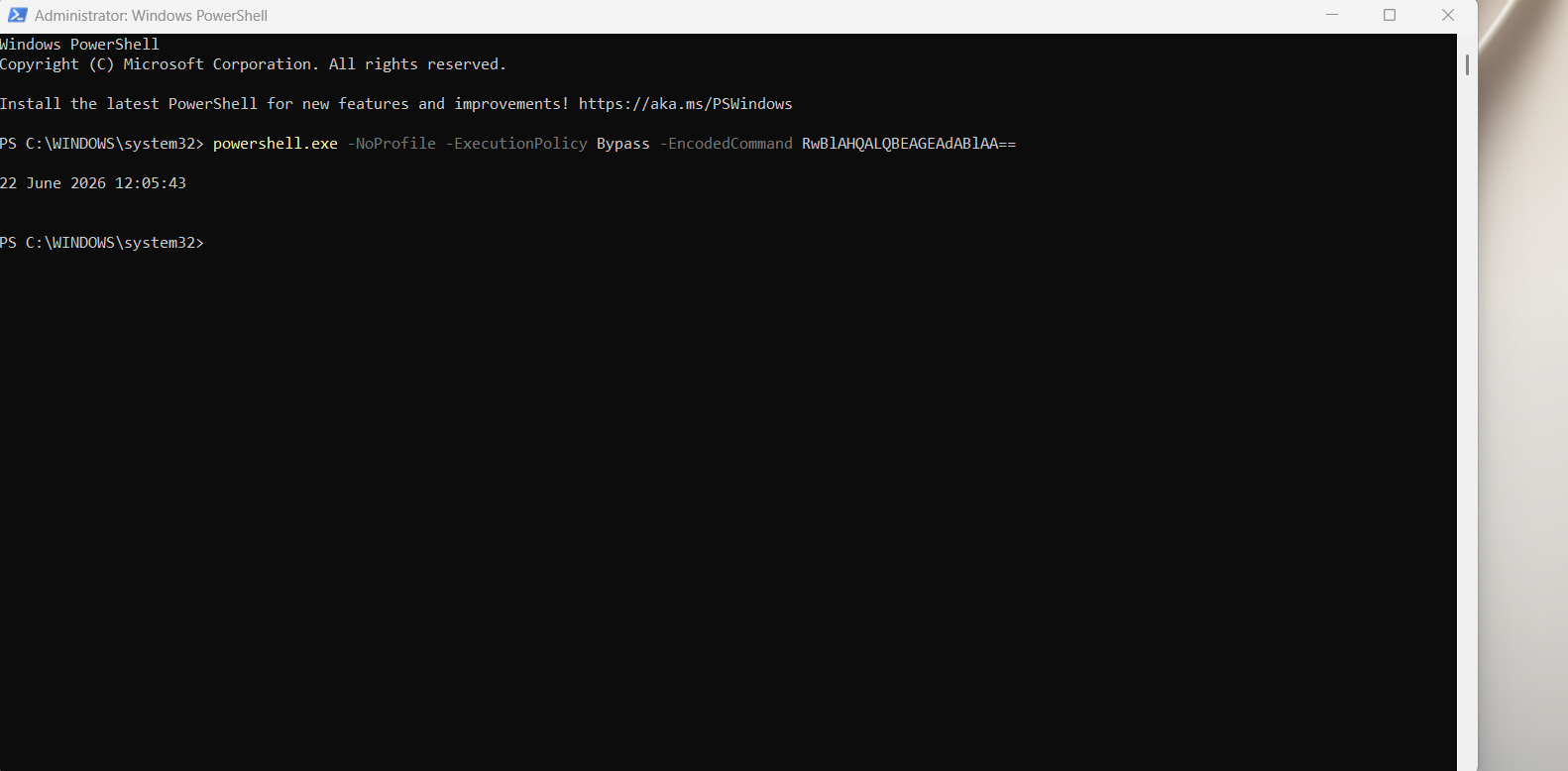 PowerShell simulation command used for detection