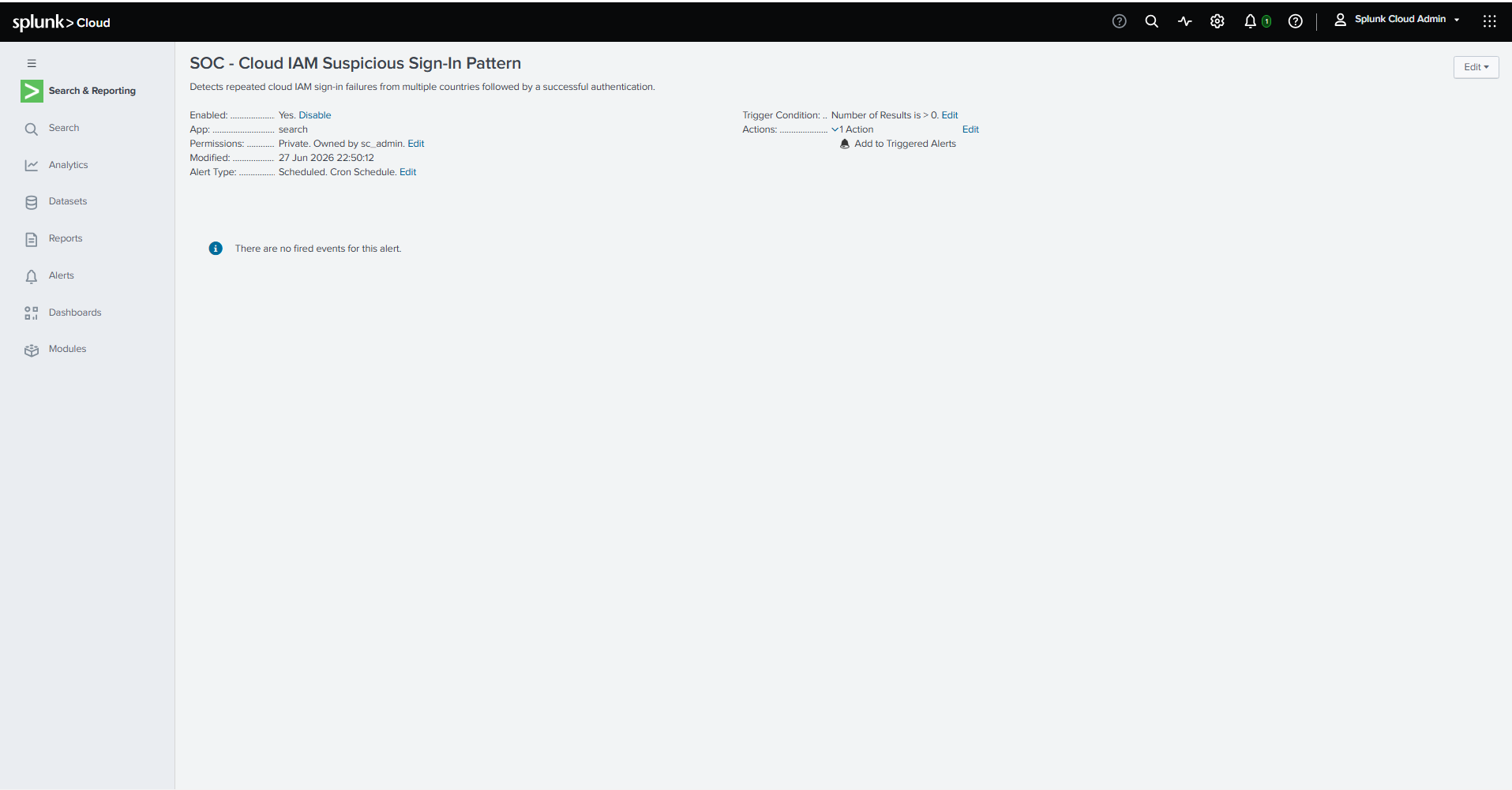 Cloud IAM alert configured in Splunk