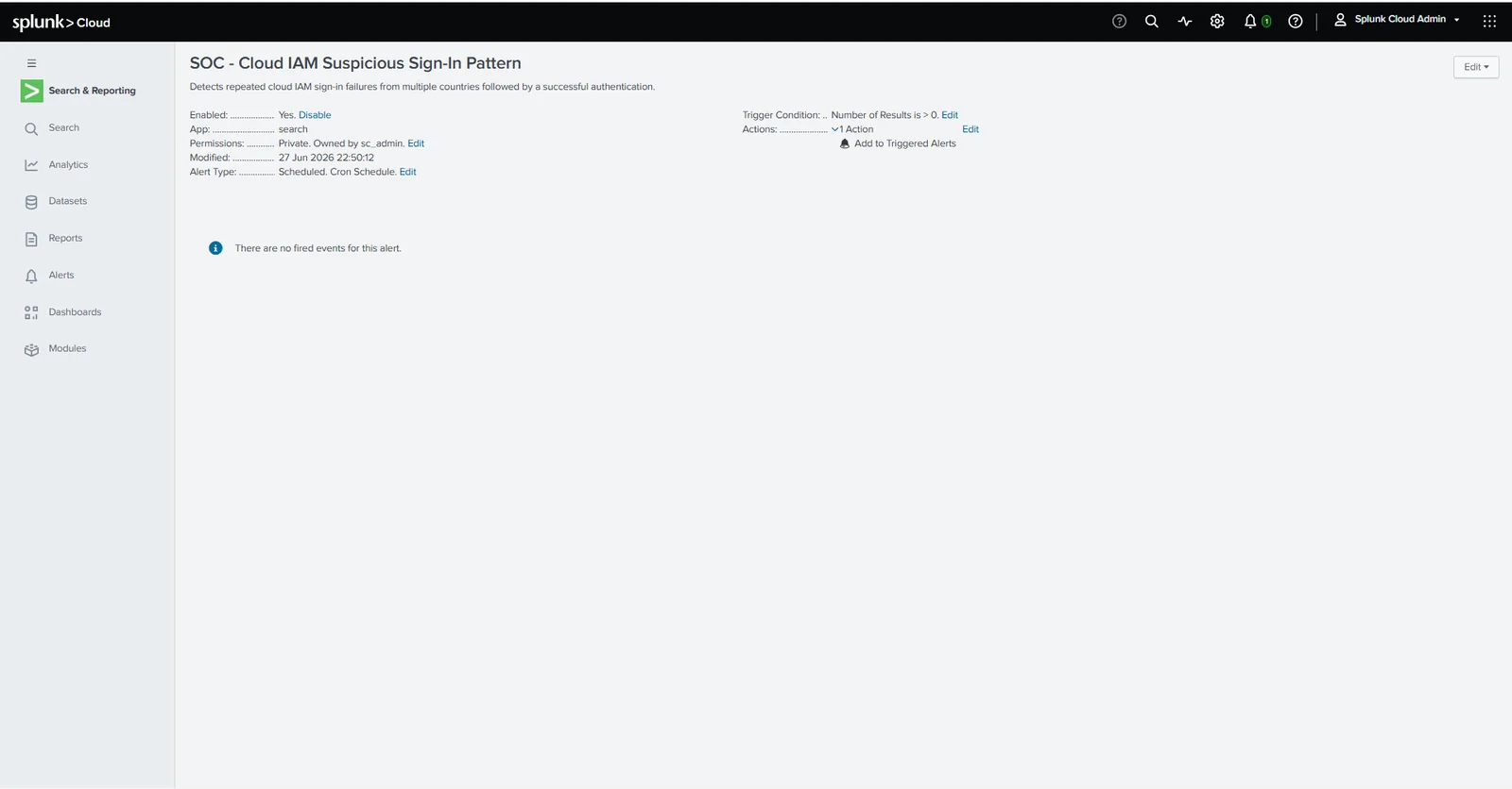 Alerte Cloud IAM configurée dans Splunk
