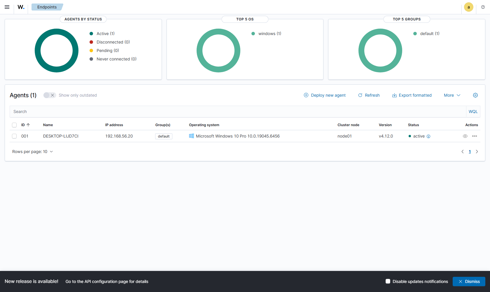 Wazuh Endpoints dashboard showing the Windows 10 agent active
