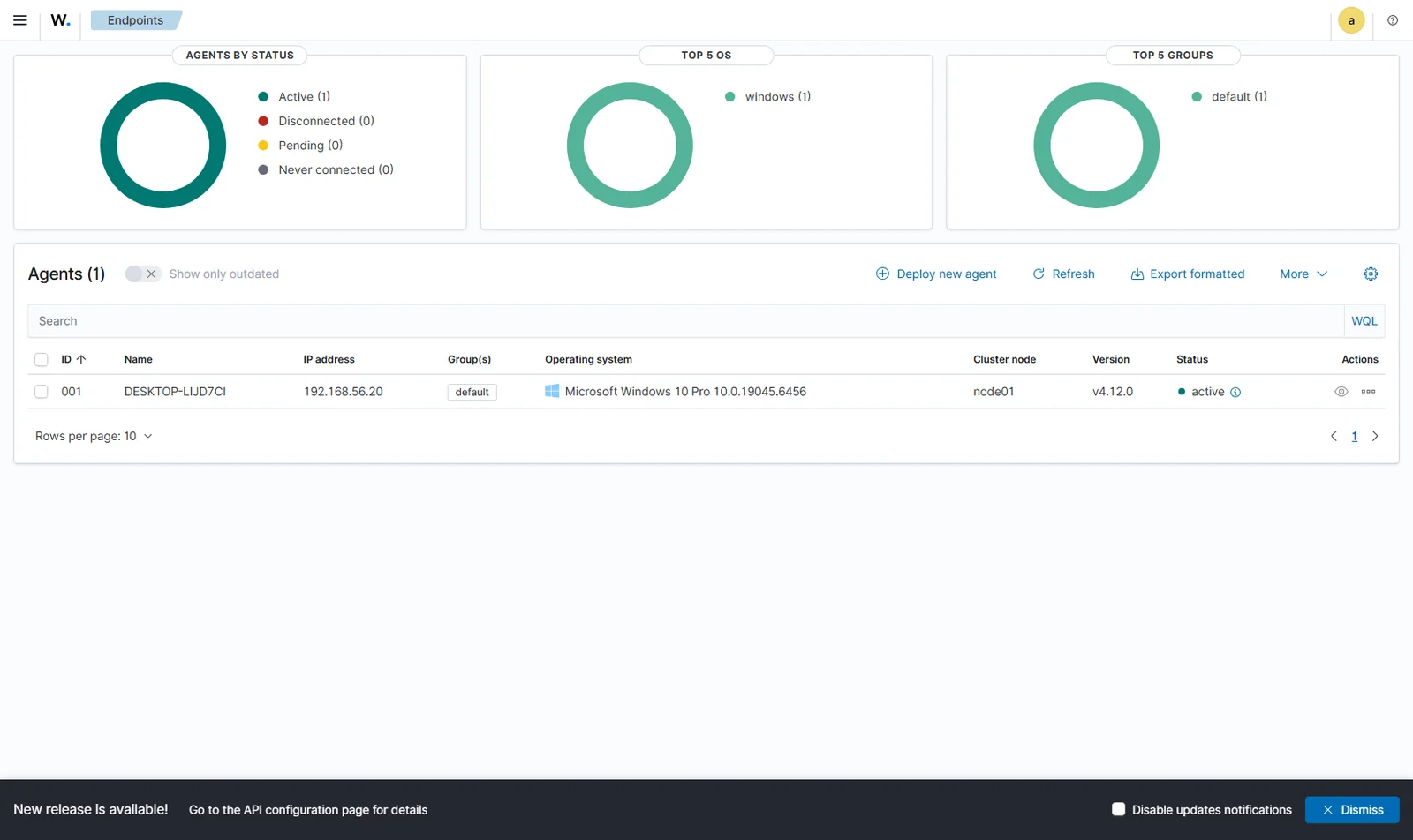 Dashboard Endpoints de Wazuh montrant l'agent Windows 10 actif