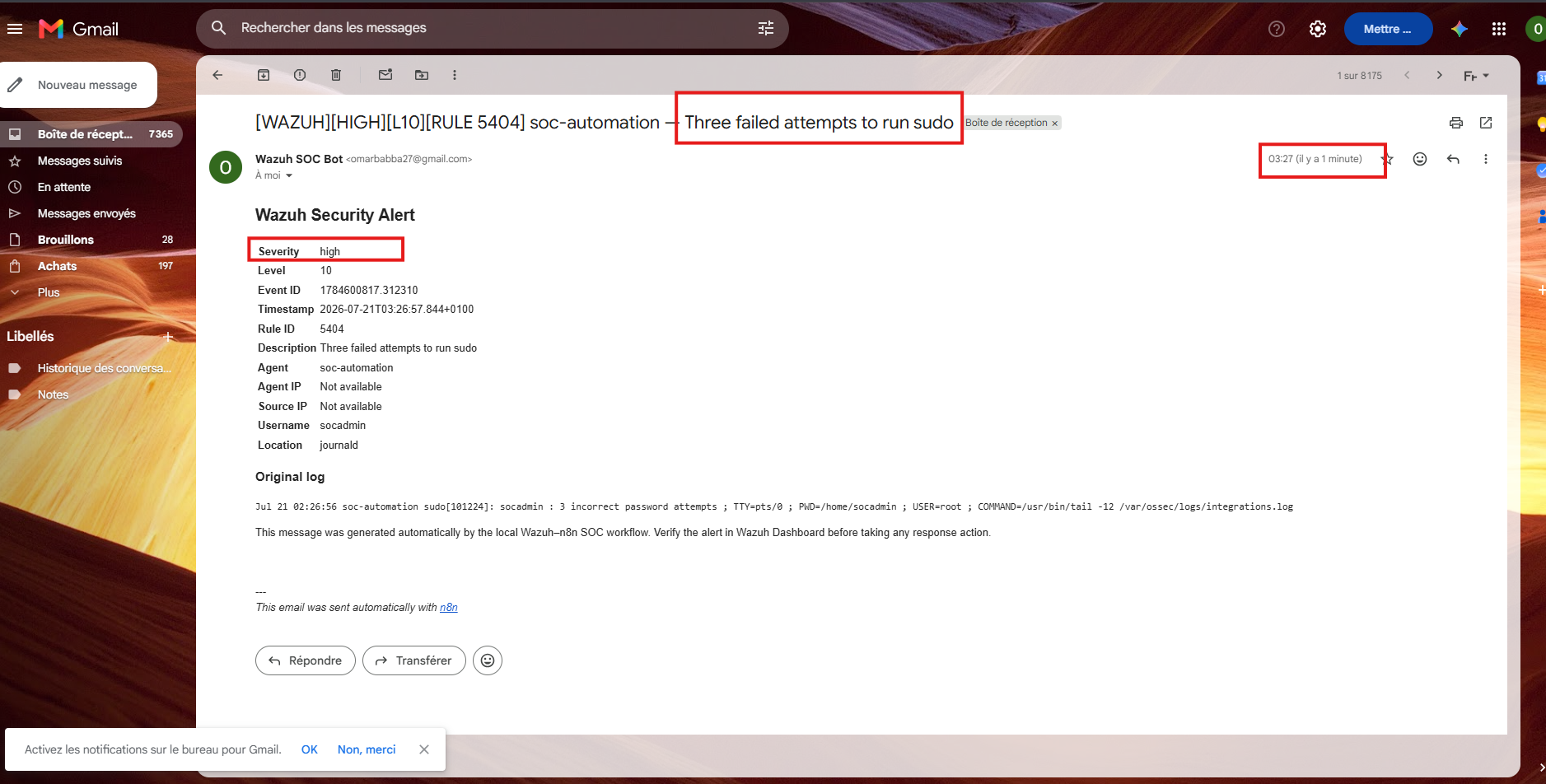 Alert email — unplanned, organic trigger