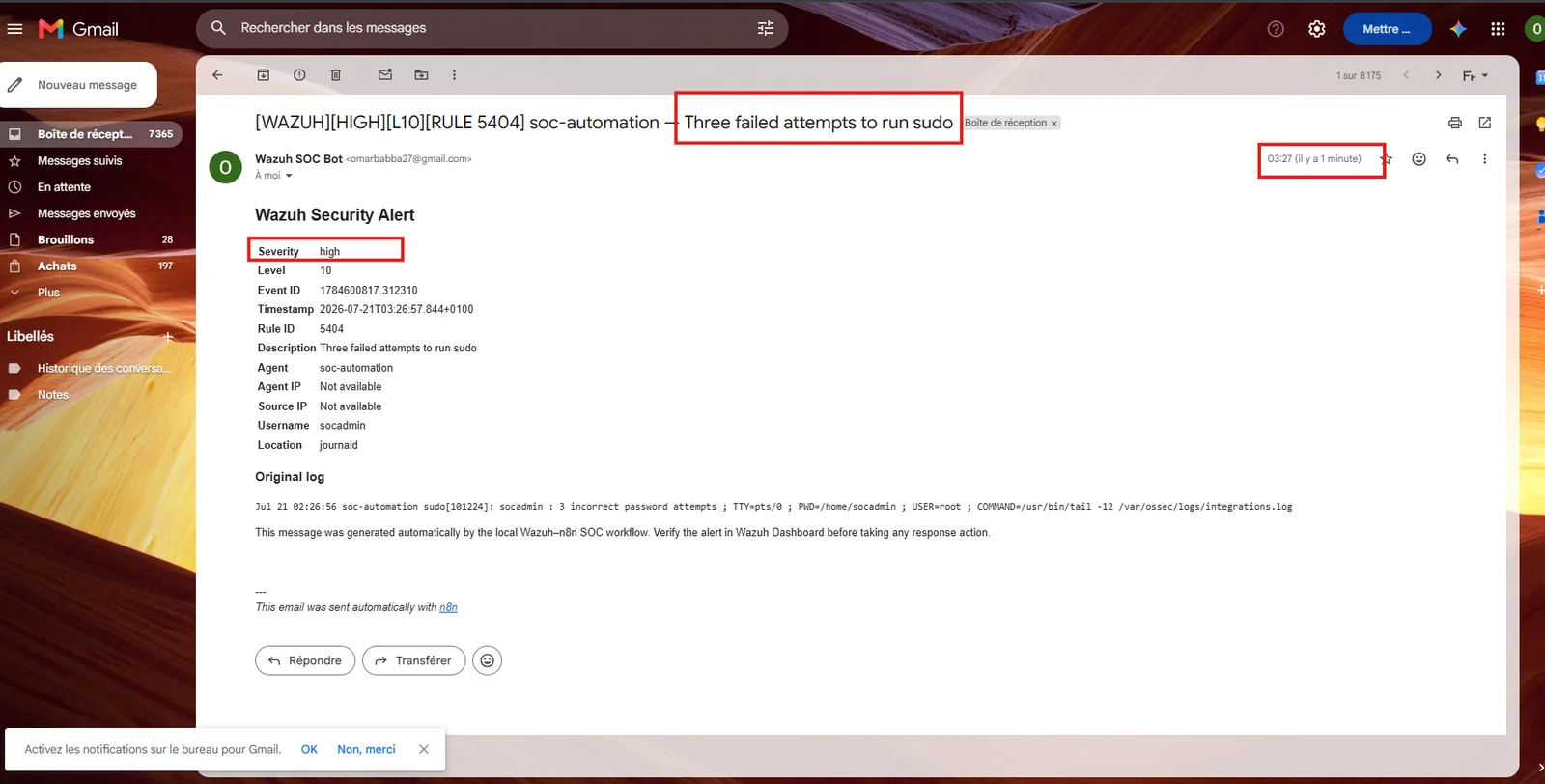 E-mail d'alerte — déclenchement imprévu et authentique