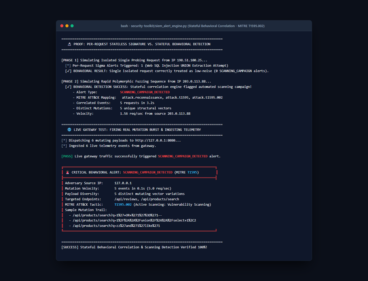 SIEM behavioral correlation engine surfacing a scanning campaign alert