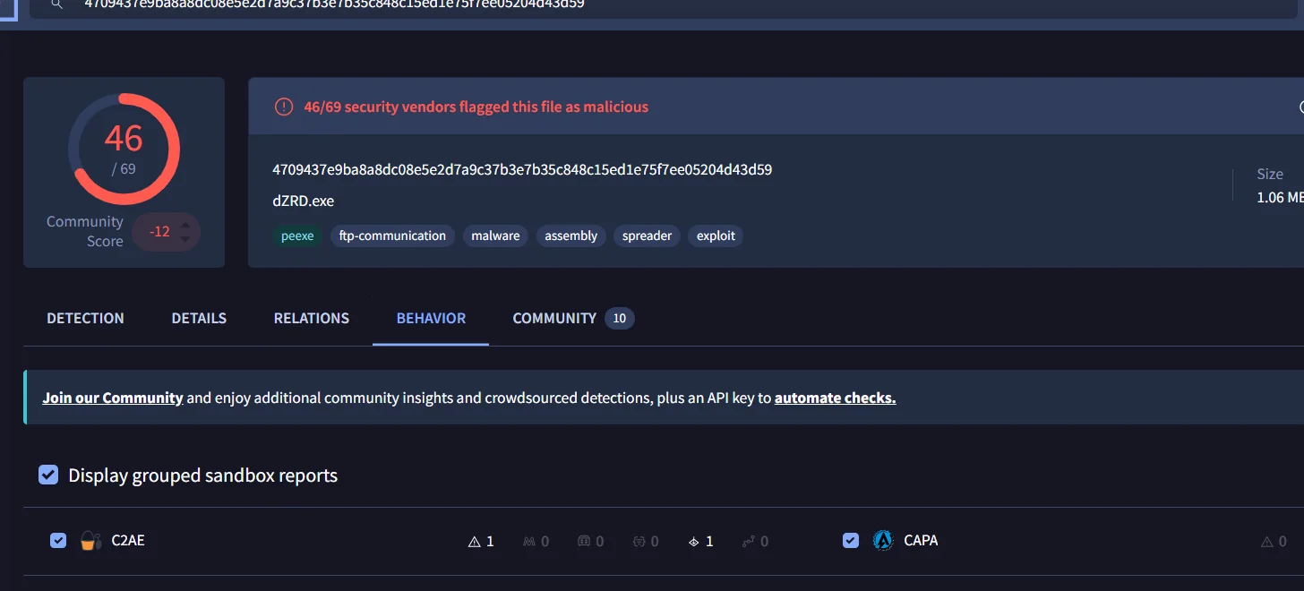 Résultats de détection VirusTotal pour un échantillon Agent Tesla analysé