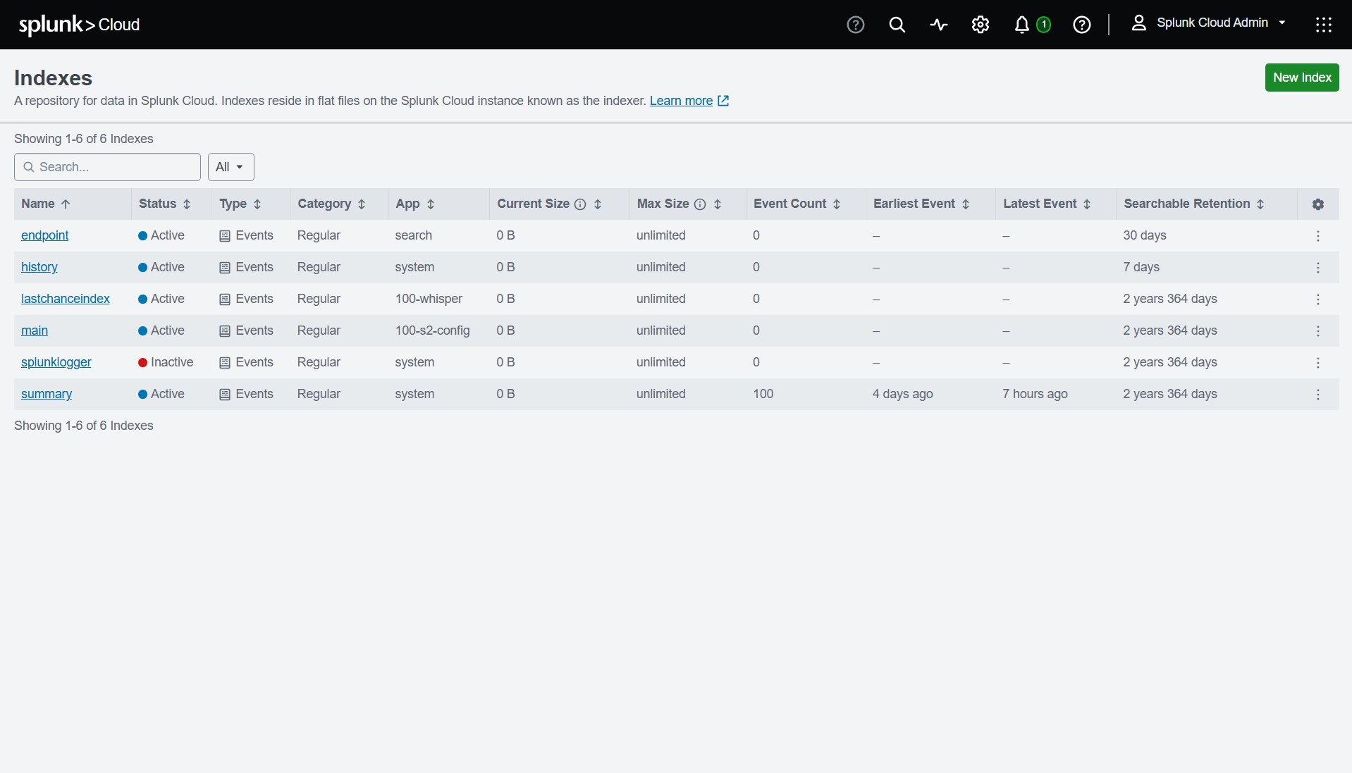 Splunk Cloud showing the endpoint index created for log ingestion
